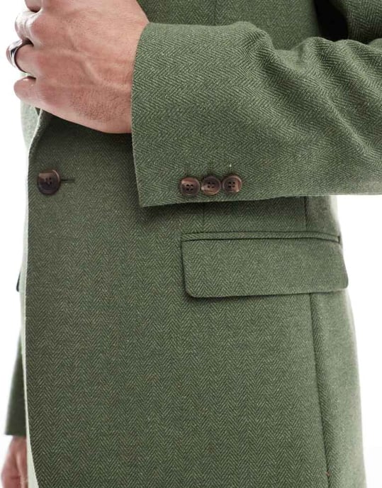 ASOS DESIGN slim suit jacket with wool in green herringbone - Image 4