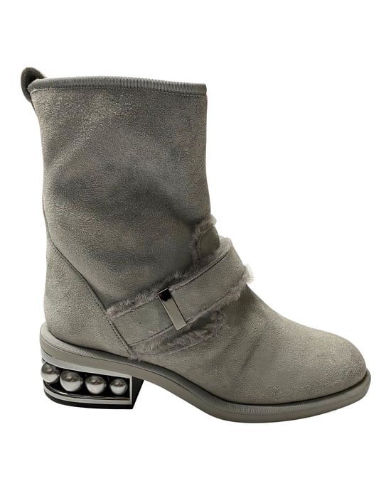 Nicholas Kirkwood Casiti Pearl Embellished Biker Boots in Grey Suede - Image 1