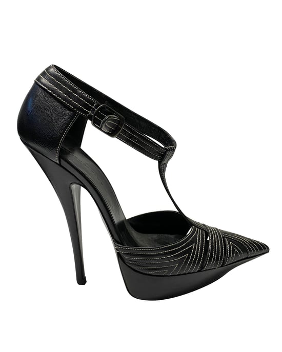 Balenciaga T-Strap Contrast Stitch Heels in Black Leather - Image 1