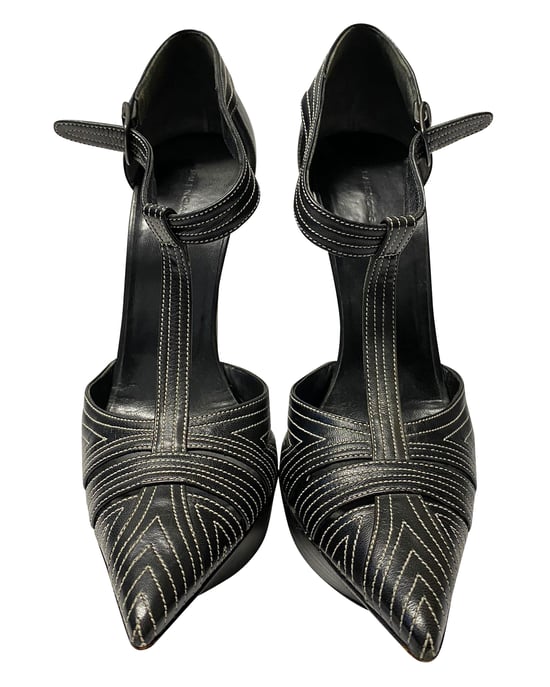 Balenciaga T-Strap Contrast Stitch Heels in Black Leather - Image 2
