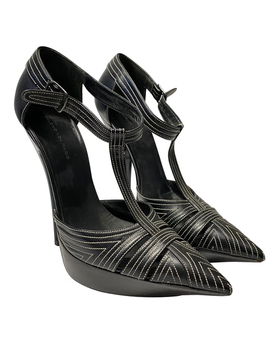 Balenciaga T-Strap Contrast Stitch Heels in Black Leather - Image 3