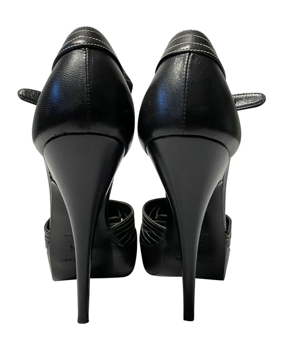 Balenciaga T-Strap Contrast Stitch Heels in Black Leather - Image 4