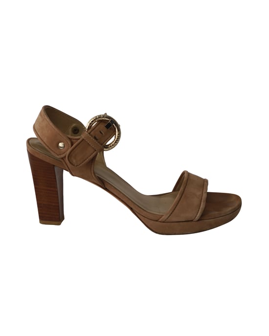 Stuart Weitzman Open-Toe Strappy Block Sandals in Brown Suede - Image 1
