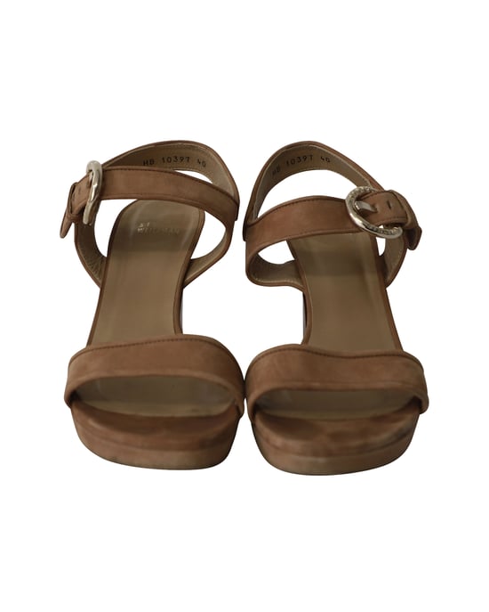 Stuart Weitzman Open-Toe Strappy Block Sandals in Brown Suede - Image 2