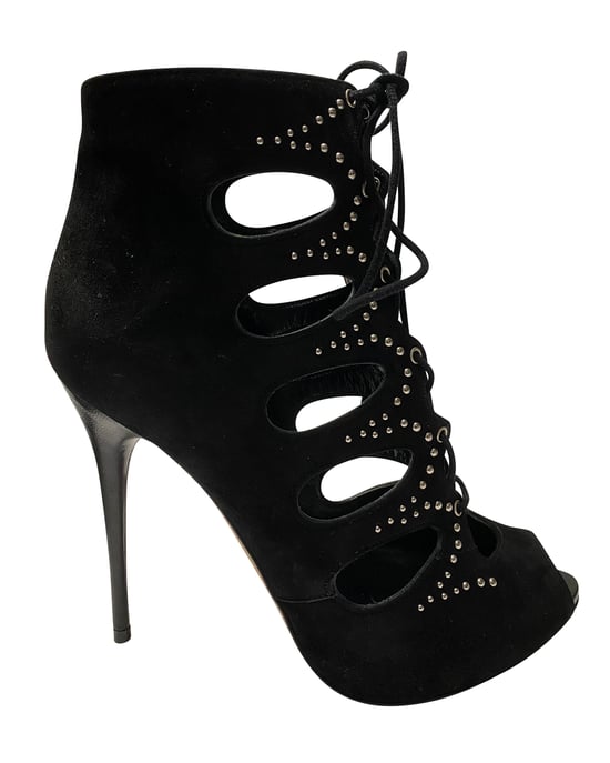 Alexander McQueen Cut Out Studded Lace Up Boots in Black Suede - Image 1