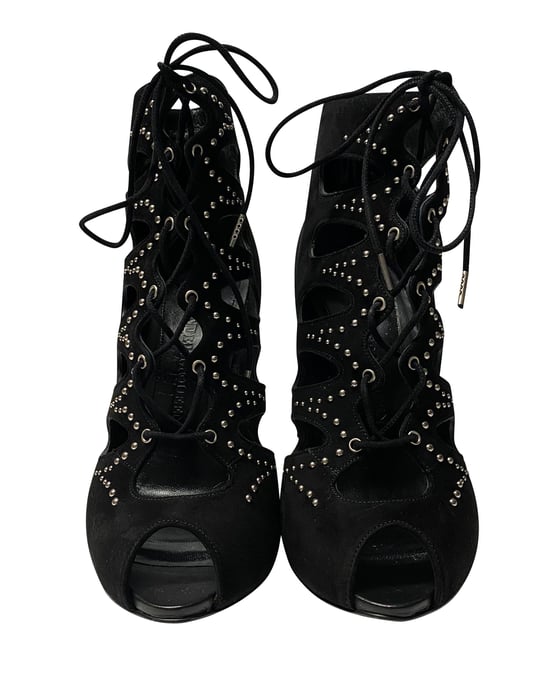 Alexander McQueen Cut Out Studded Lace Up Boots in Black Suede - Image 2