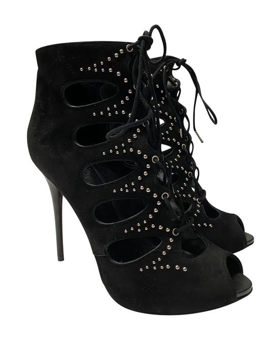 Alexander McQueen Cut Out Studded Lace Up Boots in Black Suede - Image 3