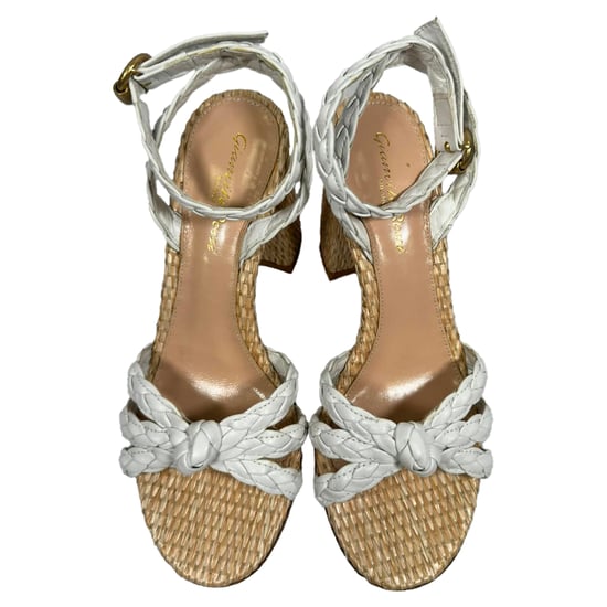 Gianvito Rossi 85 Woven Raffia Sandals in White Leather - Image 5