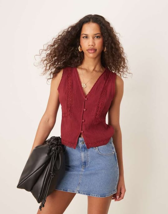 ASOS DESIGN lace trim waistcoat in dark red - Image 1