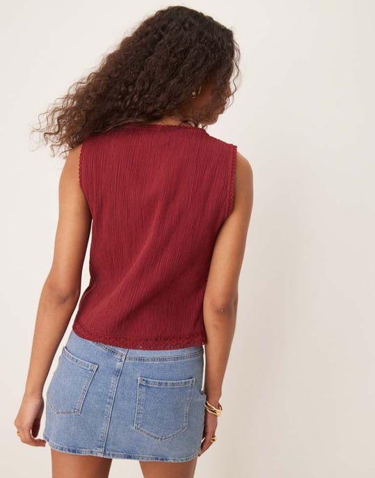 ASOS DESIGN lace trim waistcoat in dark red - Image 3