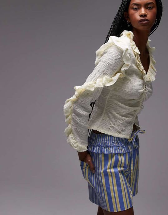 LAAGAM textured ruffle front button up blouse in white - Image 1