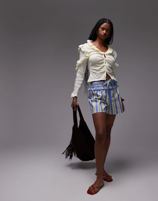 LAAGAM textured ruffle front button up blouse in white - Image 2