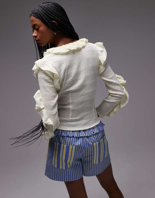 LAAGAM textured ruffle front button up blouse in white - Image 3