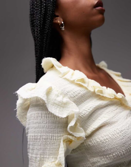 LAAGAM textured ruffle front button up blouse in white - Image 4