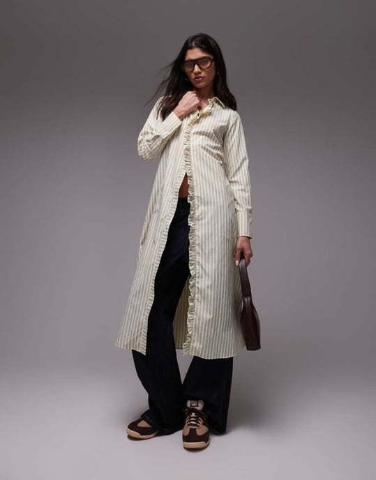 Resume fitted midaxi shirt dress with ruffle placket in multi creme stripe - Image 1