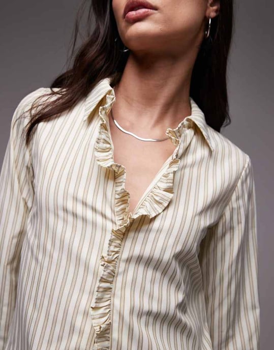Resume fitted midaxi shirt dress with ruffle placket in multi creme stripe - Image 2