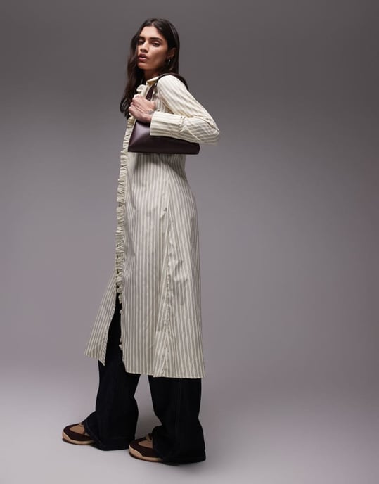 Resume fitted midaxi shirt dress with ruffle placket in multi creme stripe - Image 4