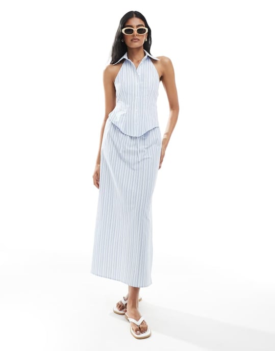 ASOS DESIGN halterneck bindning bak ärmlös co-ord skjorta i randig mönster - Image 4