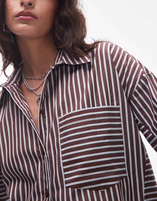 Topshop oversized skjorta i brunt och blått randig - Image 3