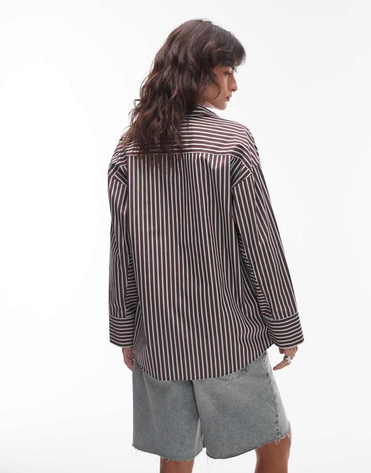 Topshop oversized skjorta i brunt och blått randig - Image 4