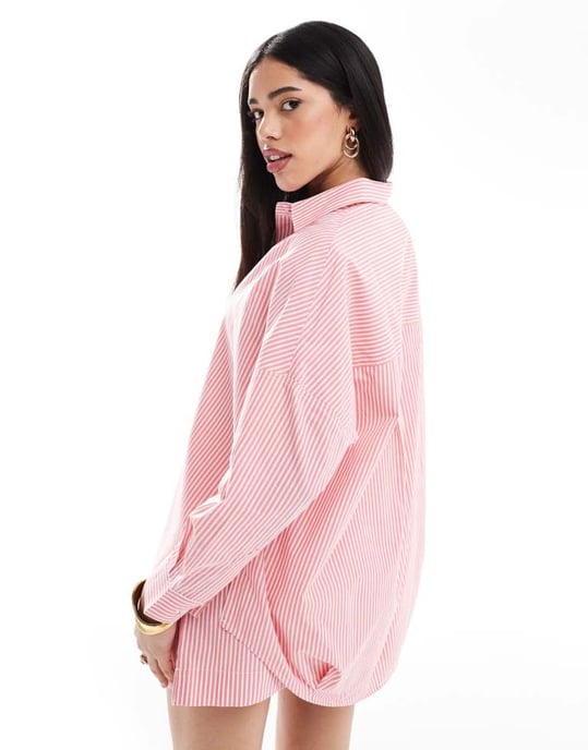 Fransk Anslutning randig poplin popover skjorta co-ord i rosa och vitt - Image 3