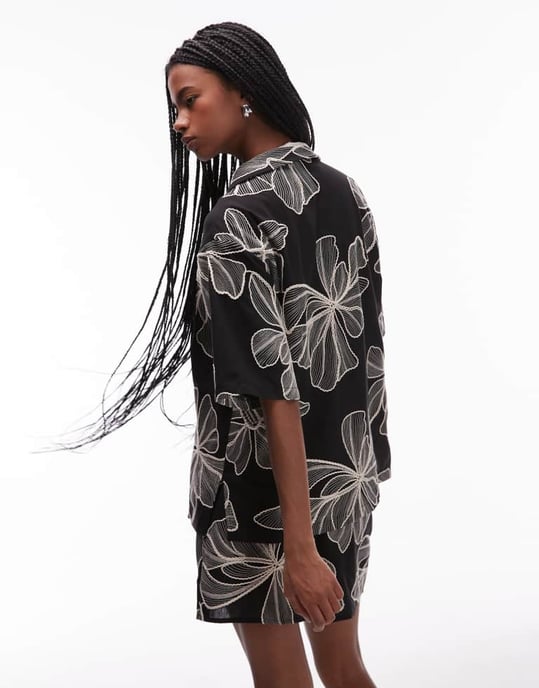 Topshop co-ord mono floral textured resort shirt in black - Image 4