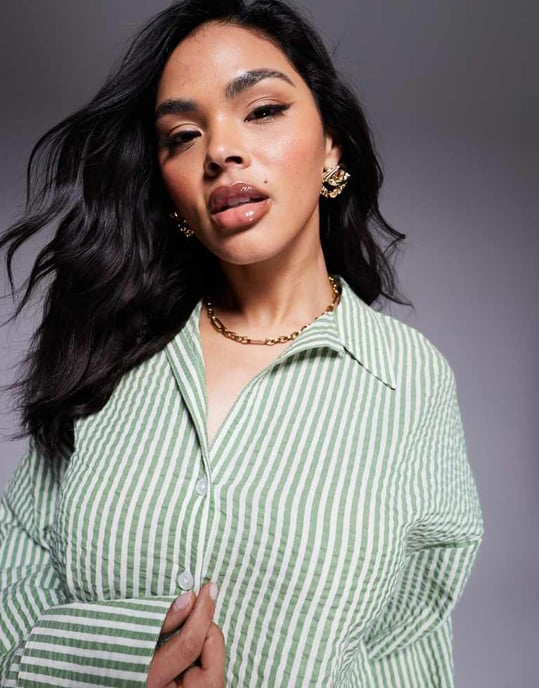 ASOS DESIGN Lisa seersucker kort strandskjorta i grönrandig - Image 2