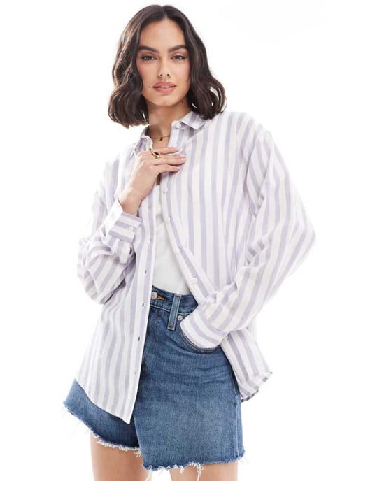 ASOS DESIGN linneblandning skjorta i blå och vit rand - Image 1