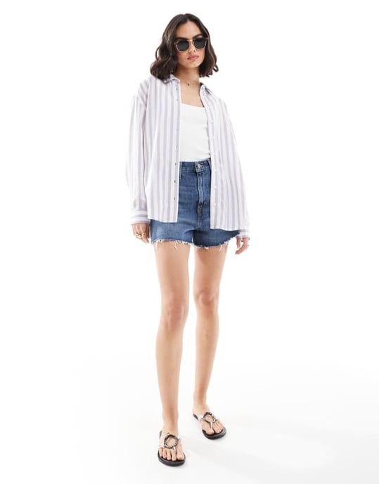 ASOS DESIGN linneblandning skjorta i blå och vit rand - Image 2