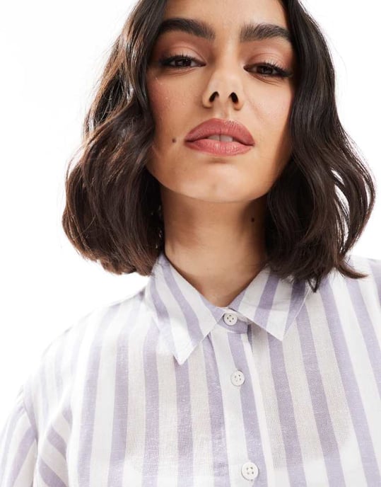 ASOS DESIGN linneblandning skjorta i blå och vit rand - Image 3