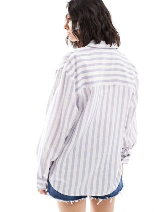 ASOS DESIGN linneblandning skjorta i blå och vit rand - Image 4