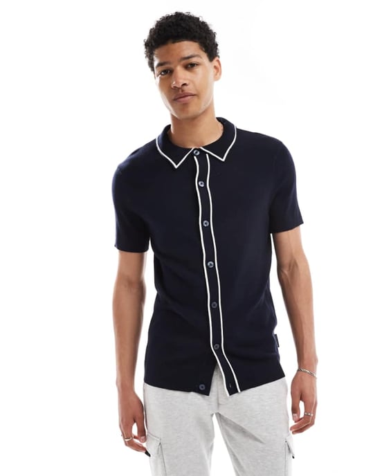 French Connection tipped knitted button through polo in navy and ecru - Image 1