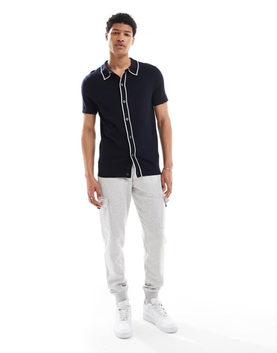 French Connection tipped knitted button through polo in navy and ecru - Image 3