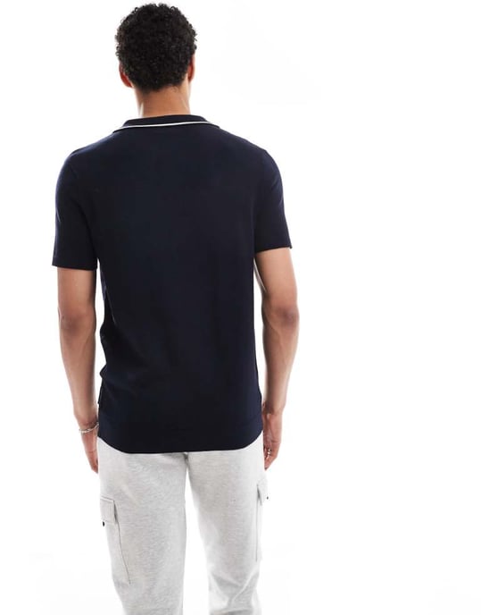 French Connection tipped knitted button through polo in navy and ecru - Image 4