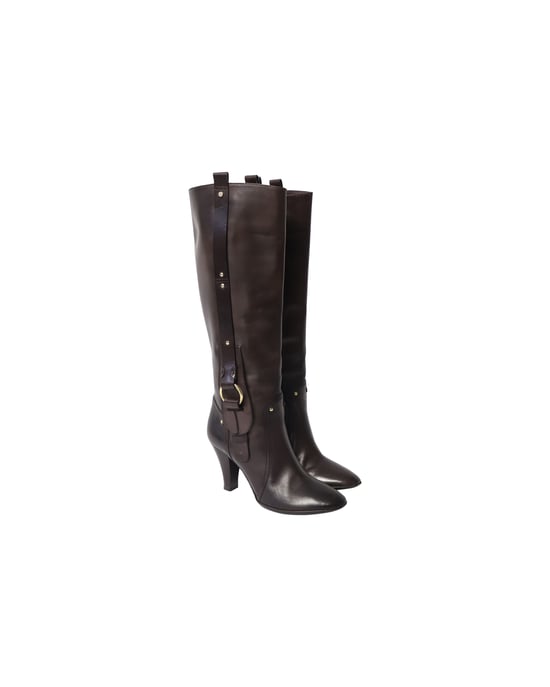 Celine High Heeled Boots with Buckle in Brown Calfskin Leather - Image 3