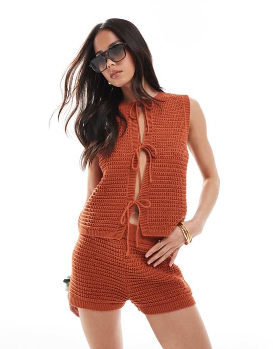 ASOS DESIGN mock crochet knitted short in rust - Image 4
