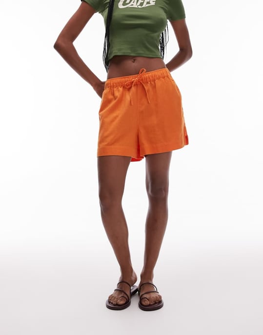 Topshop high rise drawcord linen shorts in orange - Image 2