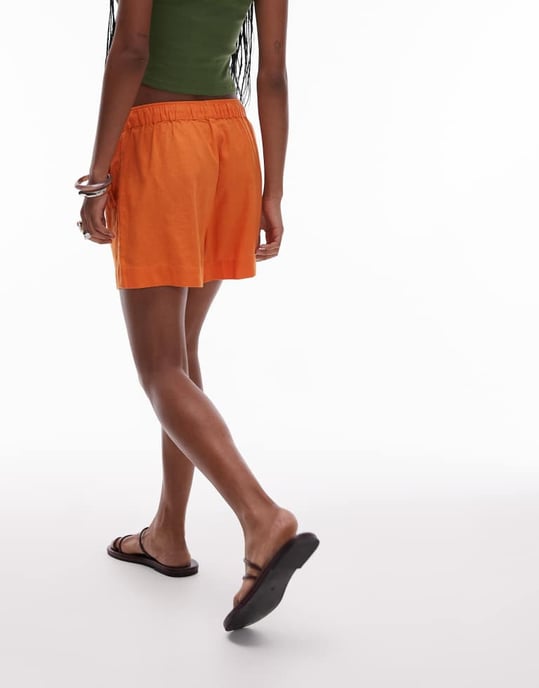 Topshop high rise drawcord linen shorts in orange - Image 3