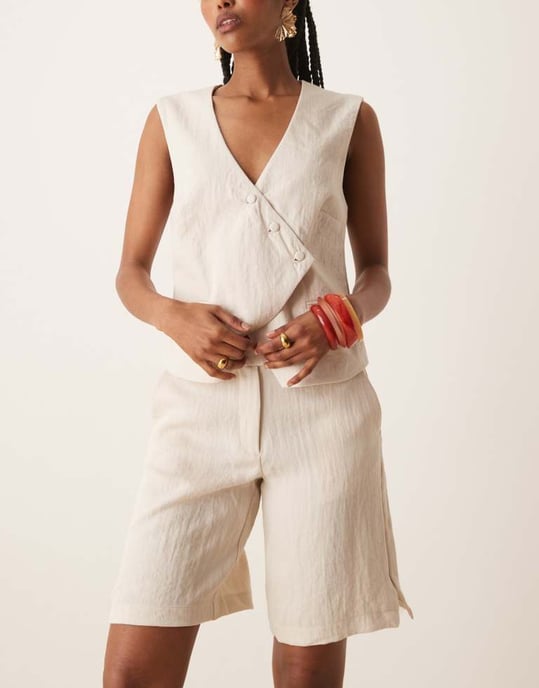 Vila tailored high waist longline short co-ord in birch cream - Image 2