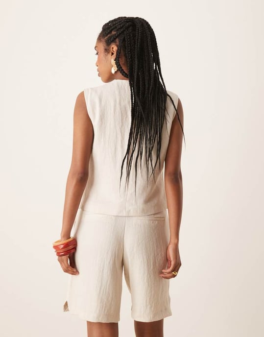 Vila tailored high waist longline short co-ord in birch cream - Image 3