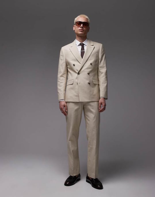 Topman straight linen blend suit trousers in stone - Image 1