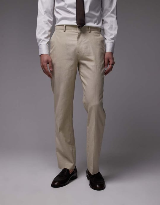 Topman straight linen blend suit trousers in stone - Image 2