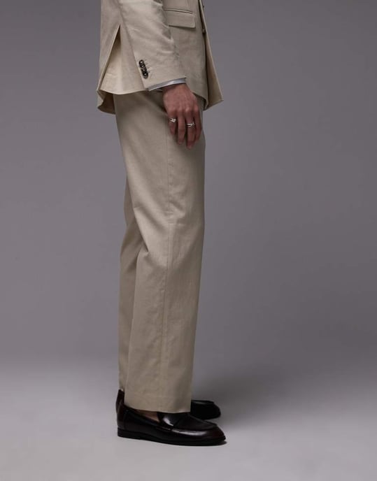 Topman straight linen blend suit trousers in stone - Image 3