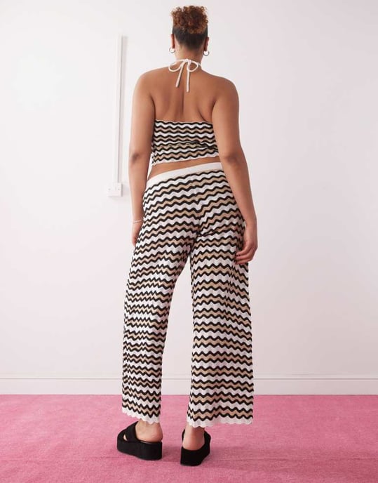 Noisy May Curve loose fit crochet trouser co-ord in black & beige wave - Image 4