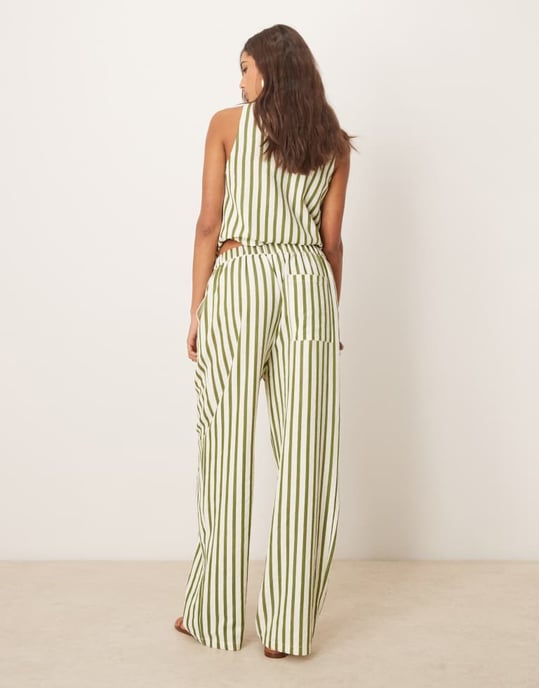 ASOS DESIGN straight leg seersucker trousers co-ord in khaki stripe - Image 3