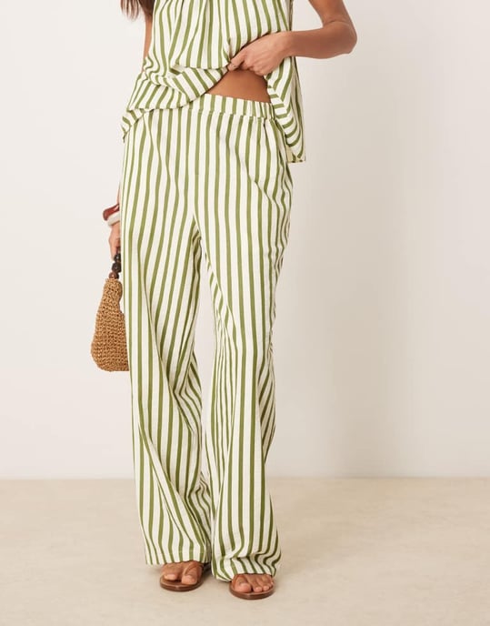 ASOS DESIGN straight leg seersucker trousers co-ord in khaki stripe - Image 4