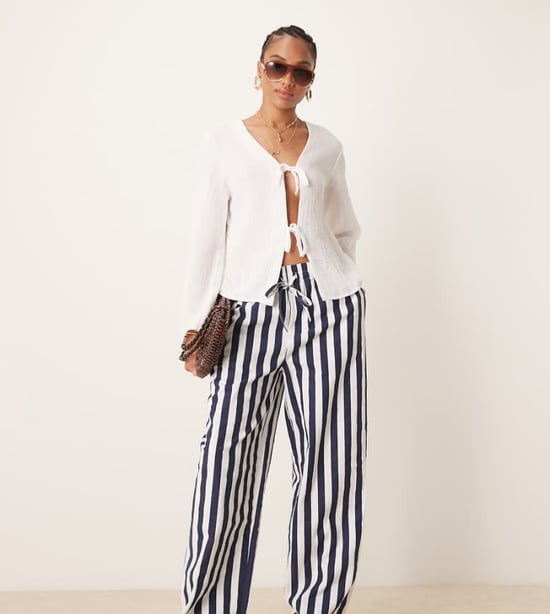 ASOS DESIGN Tall linen look pull on trousers in navy stripe - Image 1