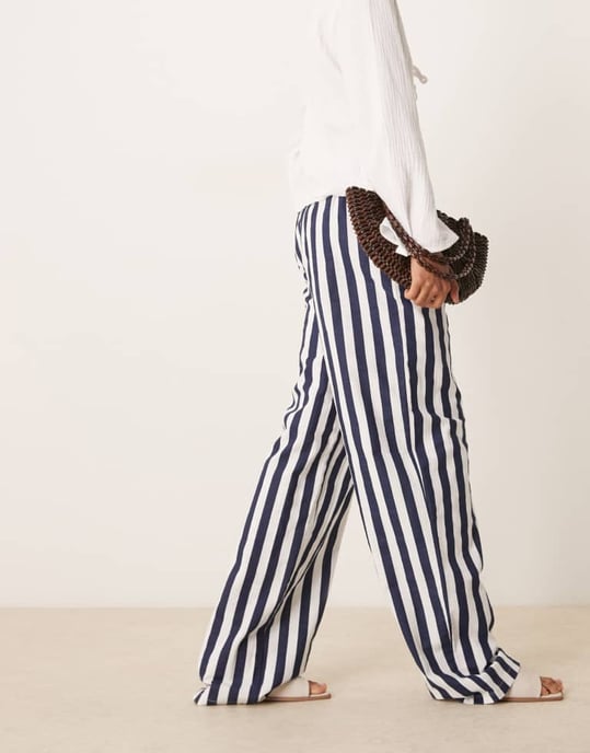 ASOS DESIGN Tall linen look pull on trousers in navy stripe - Image 4