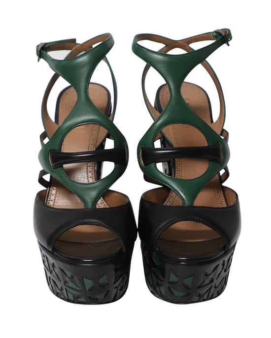 Alaia Laser-Cut Mandje Weef Wedges in Groens Leer - Image 2