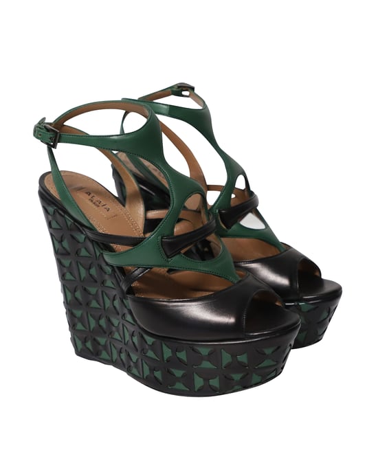 Alaia Laser-Cut Mandje Weef Wedges in Groens Leer - Image 3